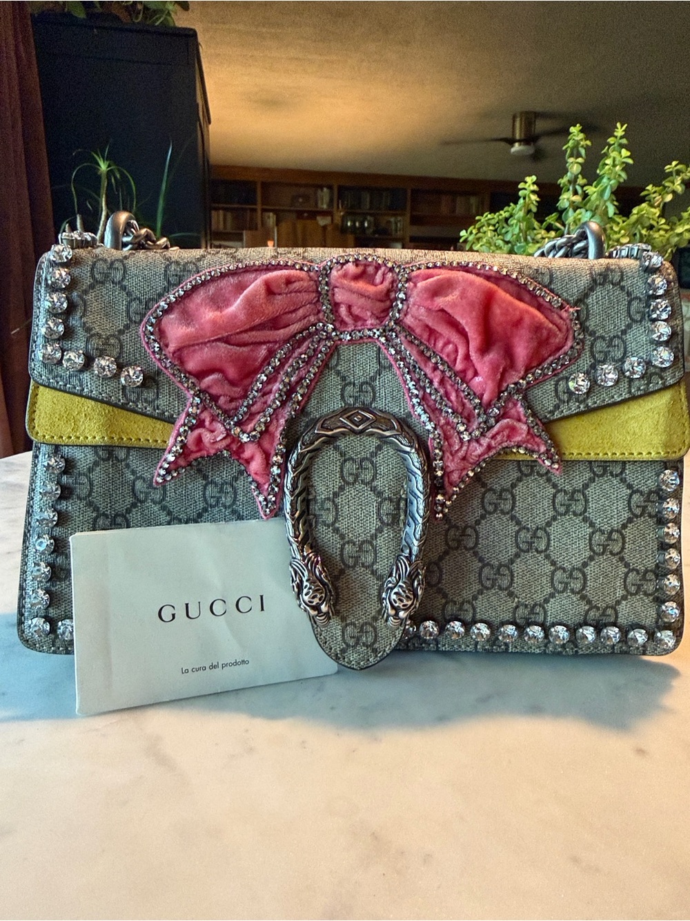 Gucci GG Supreme Monogram Crystal Bow Embroidered Dionysus Bag